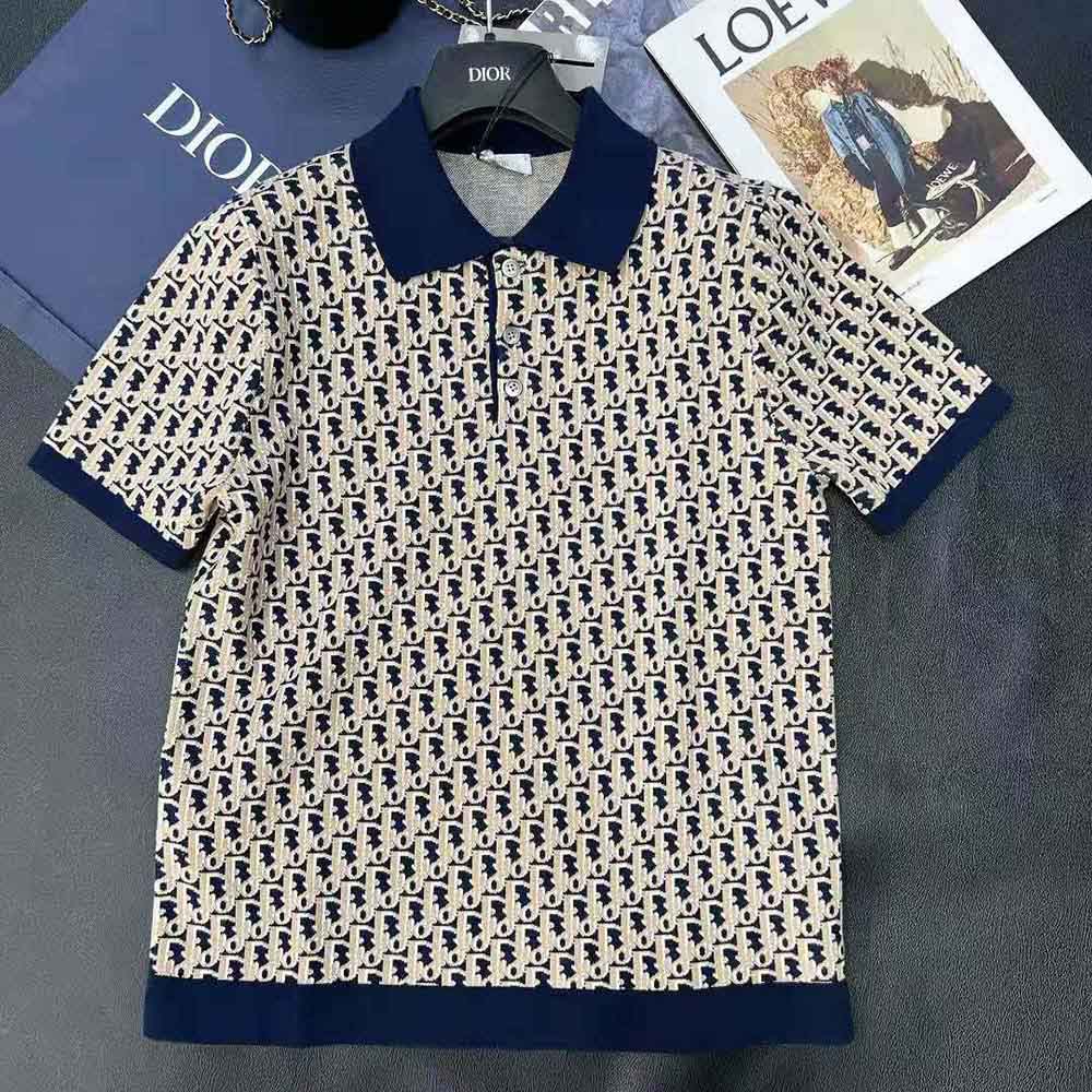 Dior Oblique Polo Shirt Beige Blue and Black Cotton Jacquard  DIOR MY