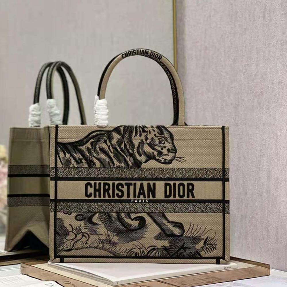TÚI Christian Dior Book Tote Brown and Black Macro Toile de Jouy Tiger Embroidery