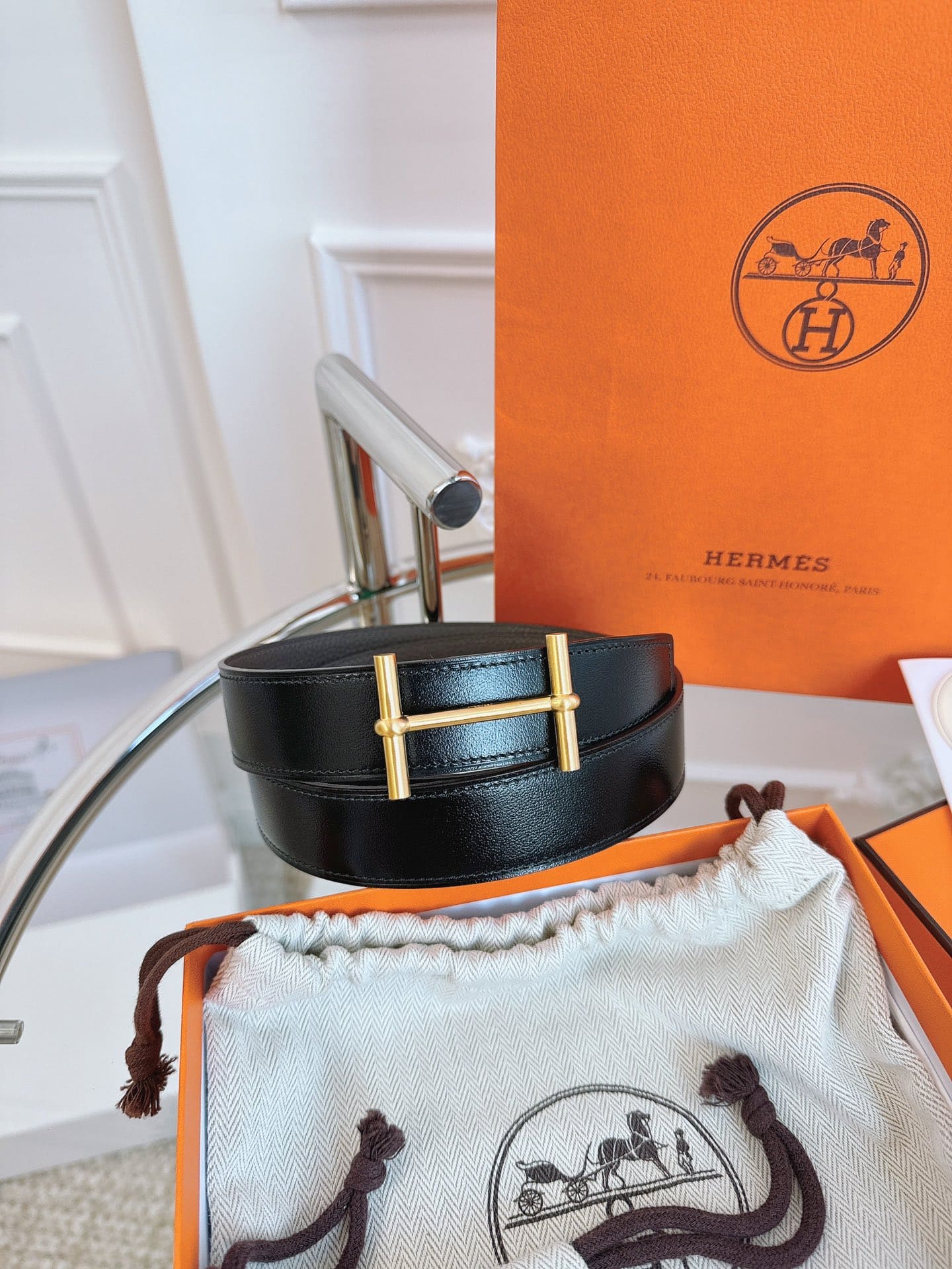 DÂY LƯNG HERMES H BLACK GRAY CALFSKIN leather hai mặt khóa vàng