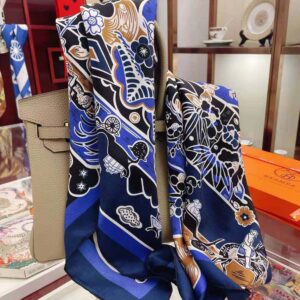 KHĂN Hermes Women Bingata Shawl 140 in Cashmere and Silk with Hand-Rolled Edges-Navy