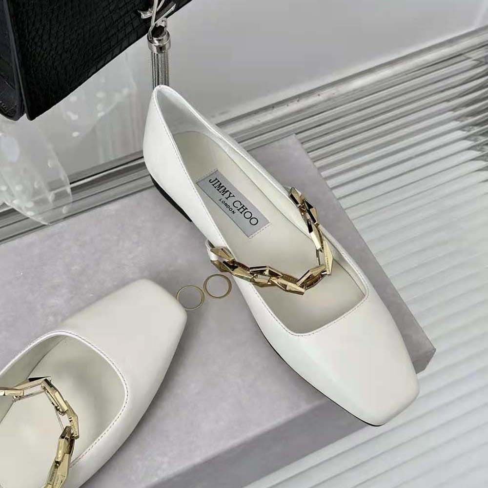 GIÀY Jimmy Choo Women Diamond Tilda Flat Black Nappa Leather Flats with Chain-White