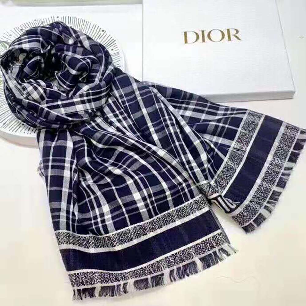 KHĂN Dior Women Checkndior Pop Stole Navy Blue Cashmere Silk and Cotton