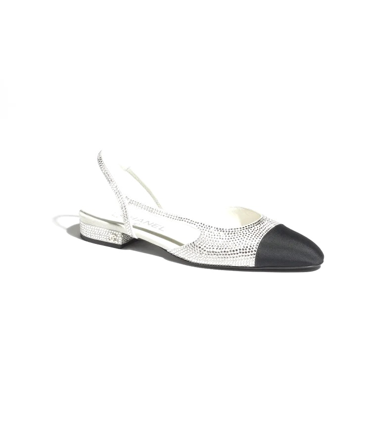 GIÀY SANDAL CHANEL SLINGBACK Hạt đá & Vải Grosgrain Bạc & Đen 20MM