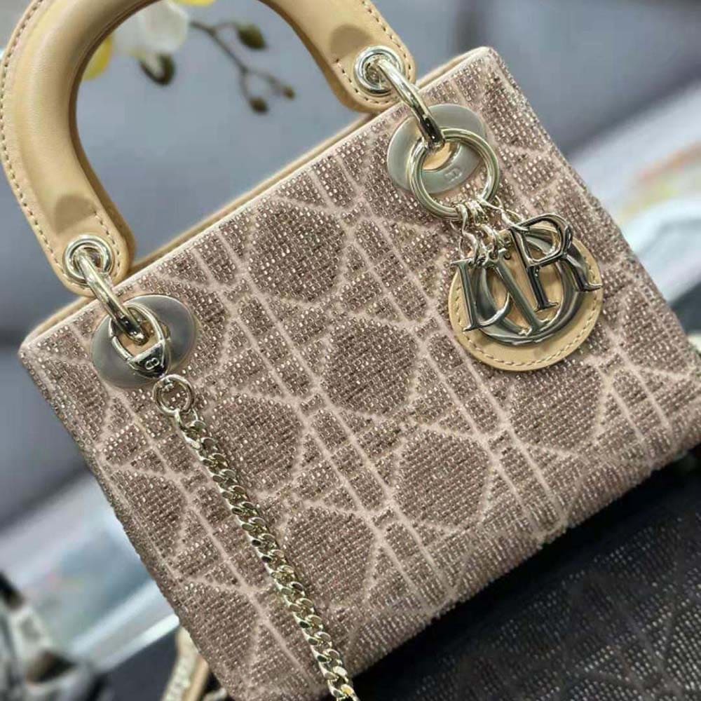 TÚI Dior Women Mini Lady D-joy Bag Caramel Beige Cannage Cotton Embroidered with Micropearls