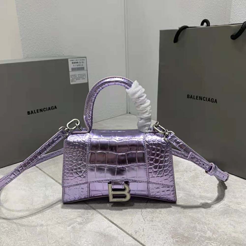 TÚI Balenciaga Women Hourglass XS Handbag Metallized Crocodile Embossed in Purple