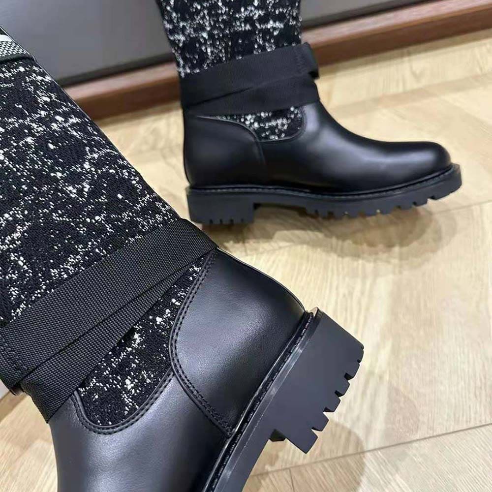 GIÀY Dior Women D-Major Boot Black Calfskin with Black and White Cannage Tweed