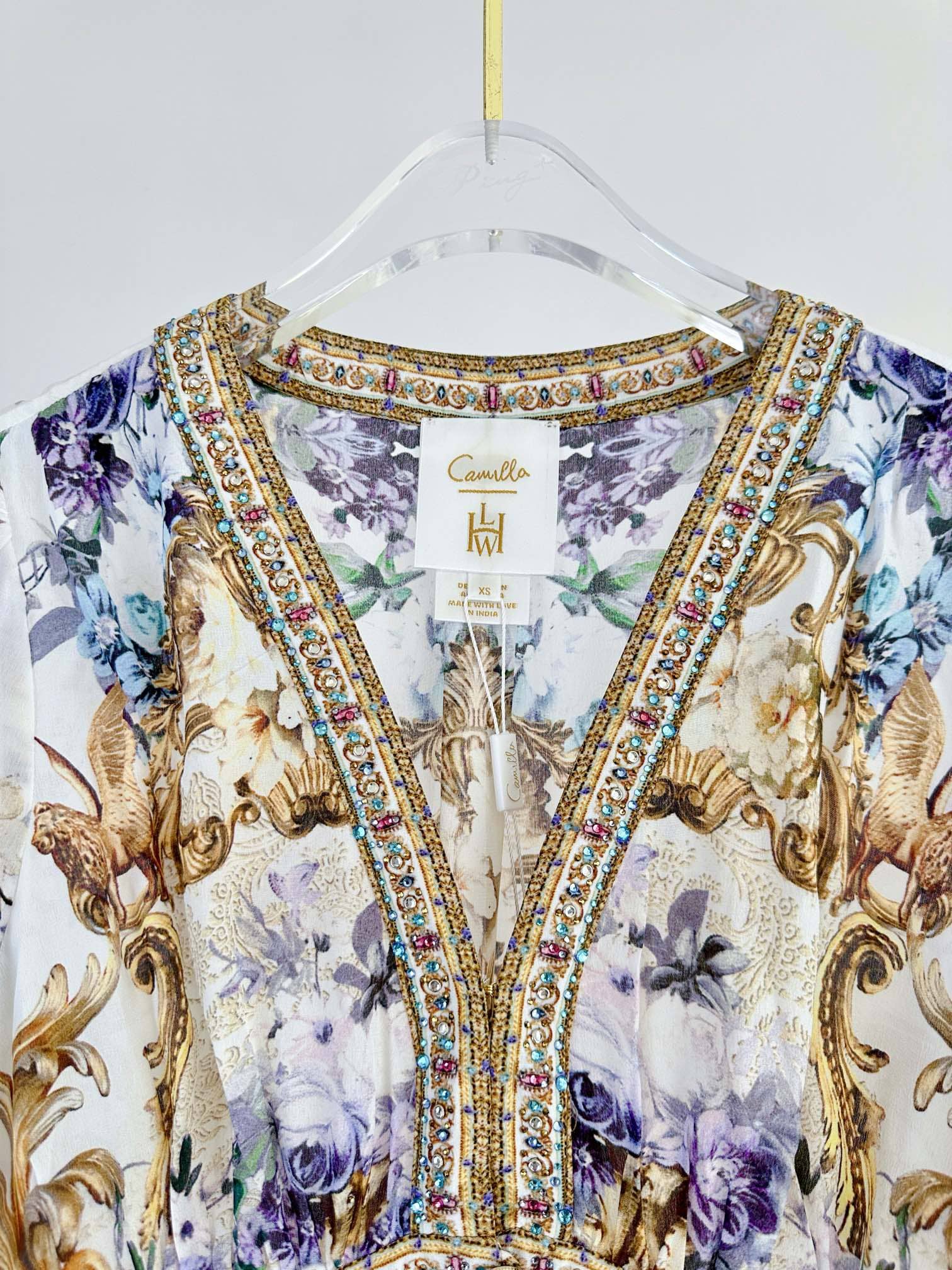 VÁY CAMILLA Silk Blue Cardigan Embellished V-Neck Maxi Dress High Classy Dài Tay