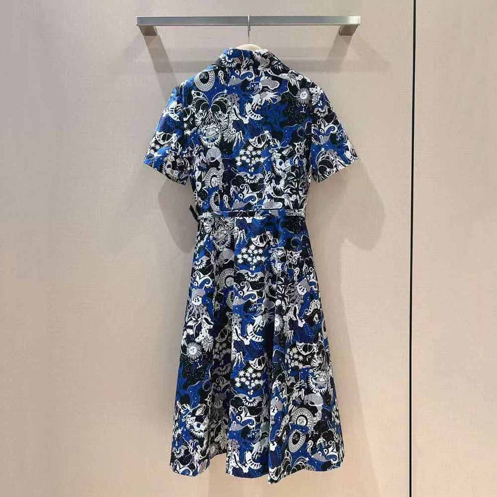 VÁY Dior Women Mid-Length Belted Dress Blue Dior Zodiac Fantastico Cotton Poplin