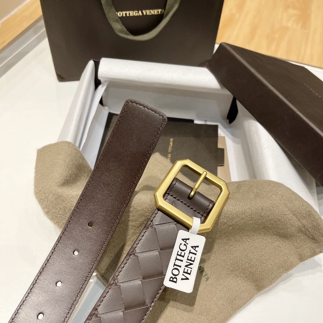 DÂY LƯNG BOTTGA VENETA BROWN INTRECCIATO LEATHER Khóa vàng