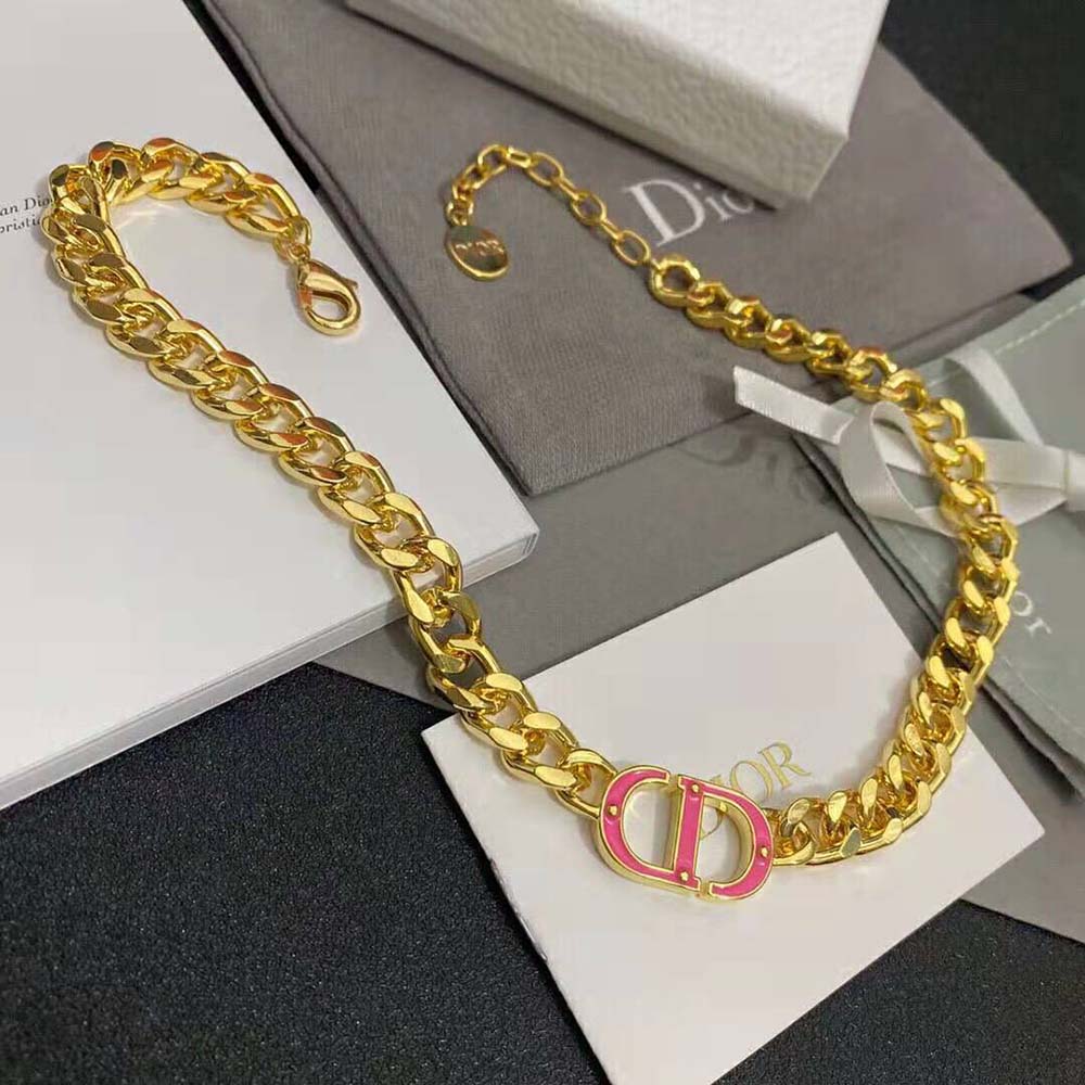 DÂY Dior Women 30 Montaigne Necklace Gold-Finish Metal and Fluorescent Pink Transparent