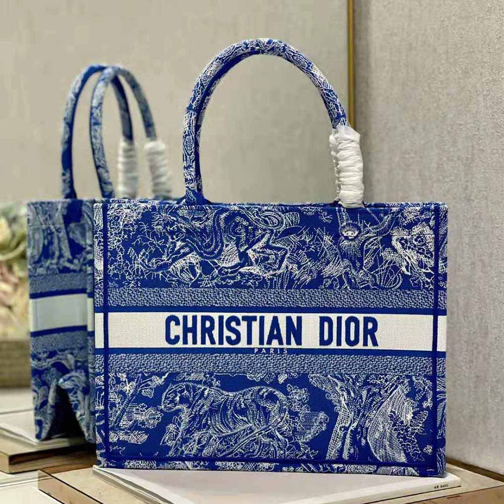 TÚI Dior Women Medium Dior Book Tote Fluorescent Blue Toile de Jouy Reverse Embroidery