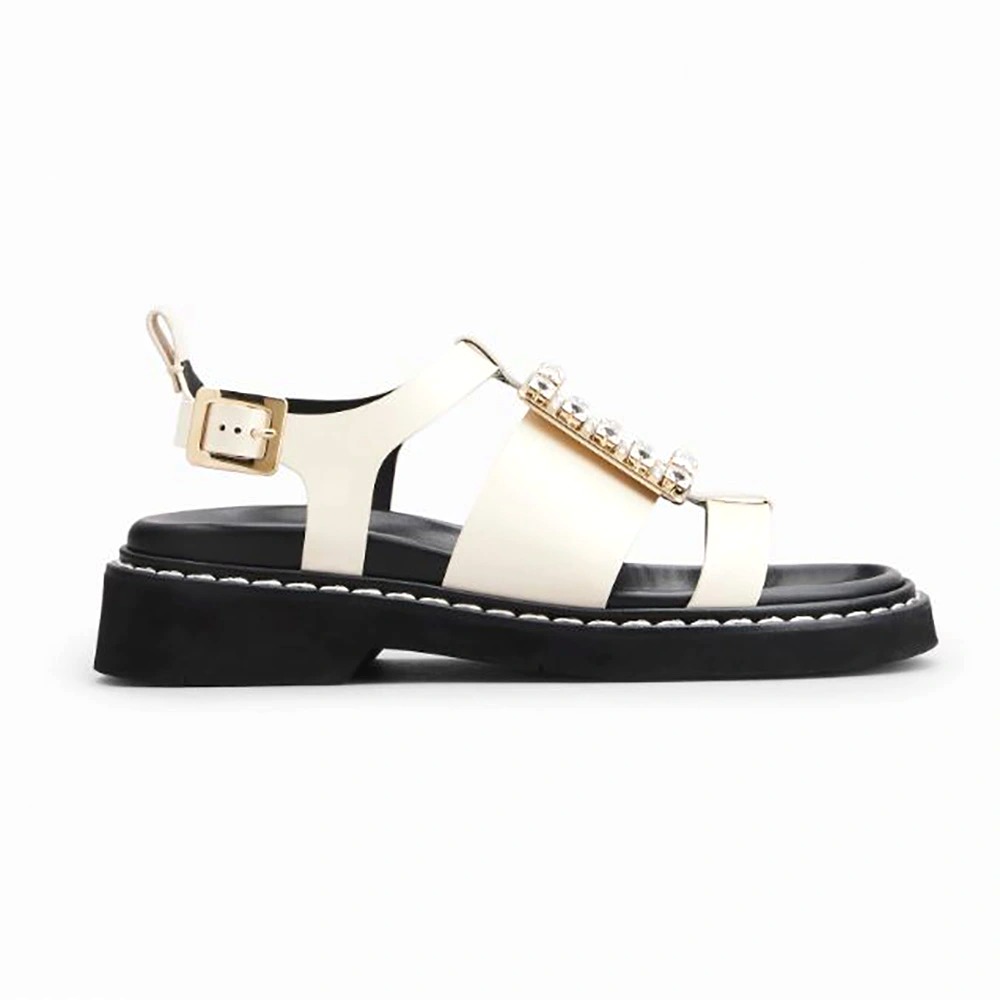 DÉP SANDAL Roger Vivier Viv’ Rangers Strass Buckle Sandals in Leather-White