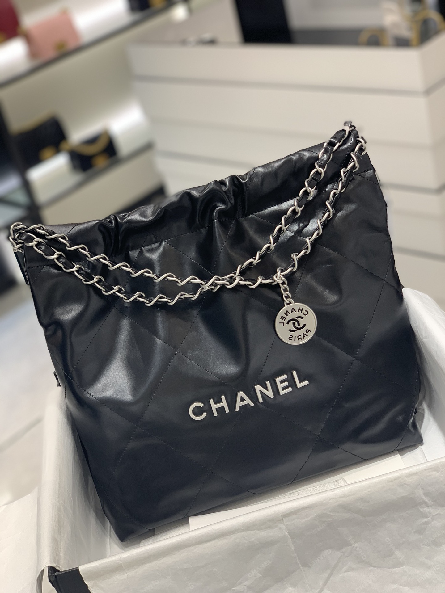 TÚI CHANEL 22 Black đen logo bạc da HAAS