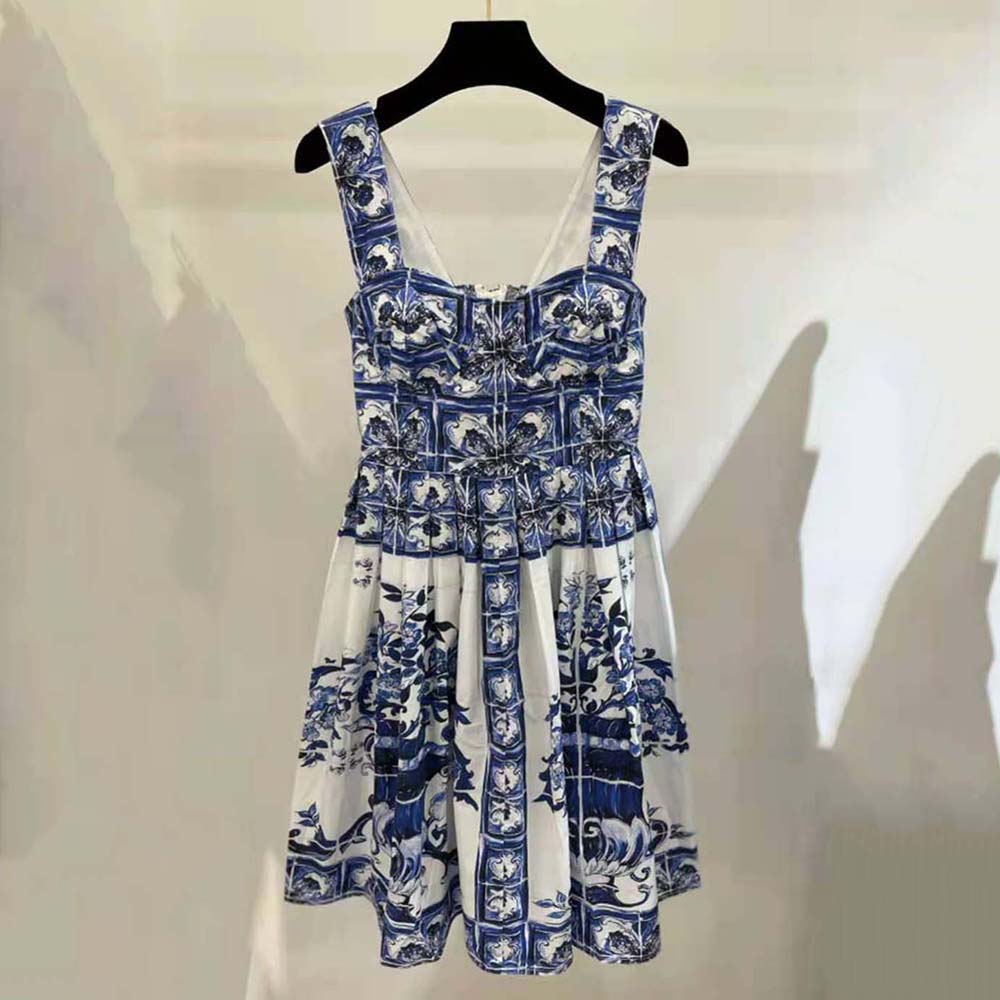 VÁY Dolce Gabbana D&G Women Bustier Midi Dress in Majolica-Print Poplin