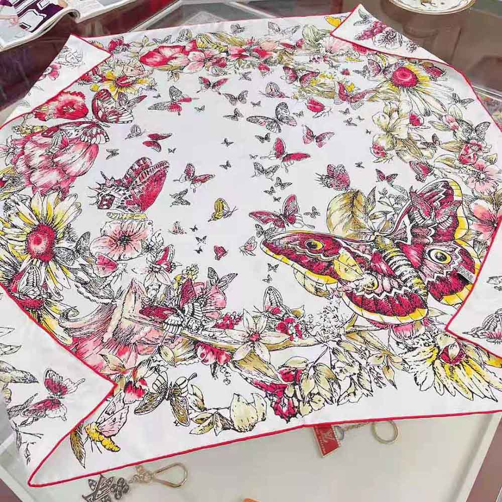 KHĂN Dior Women Square Scarf Ivory Silk Twill with Multicolor Butterfly Motif