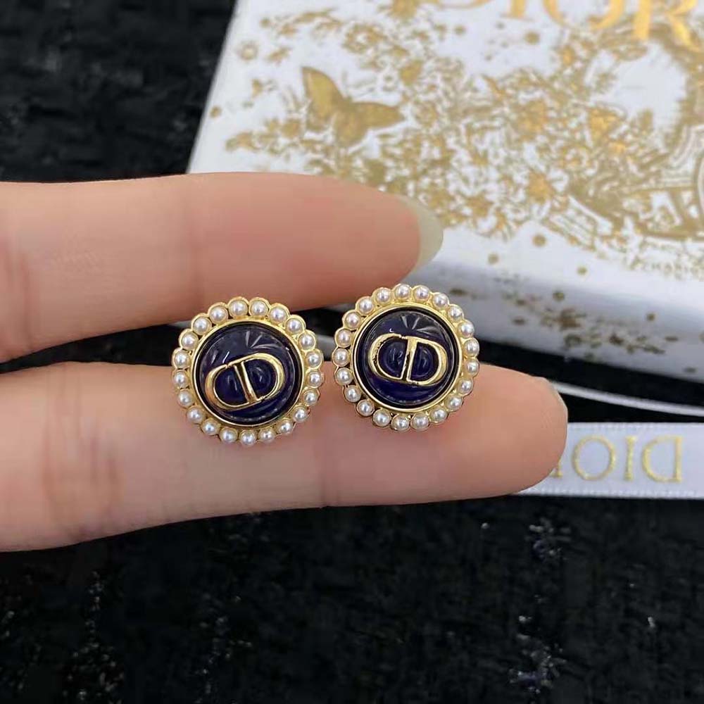 Bông tai Dior Women Petit CD Studs Earrings Gold-Finish Metal and White Resin Pearls with Black Glass
