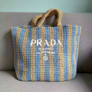 TÚI Prada Women Large Raffia Tote Bag with Embroidered Lettering Logo on the Front-Blue