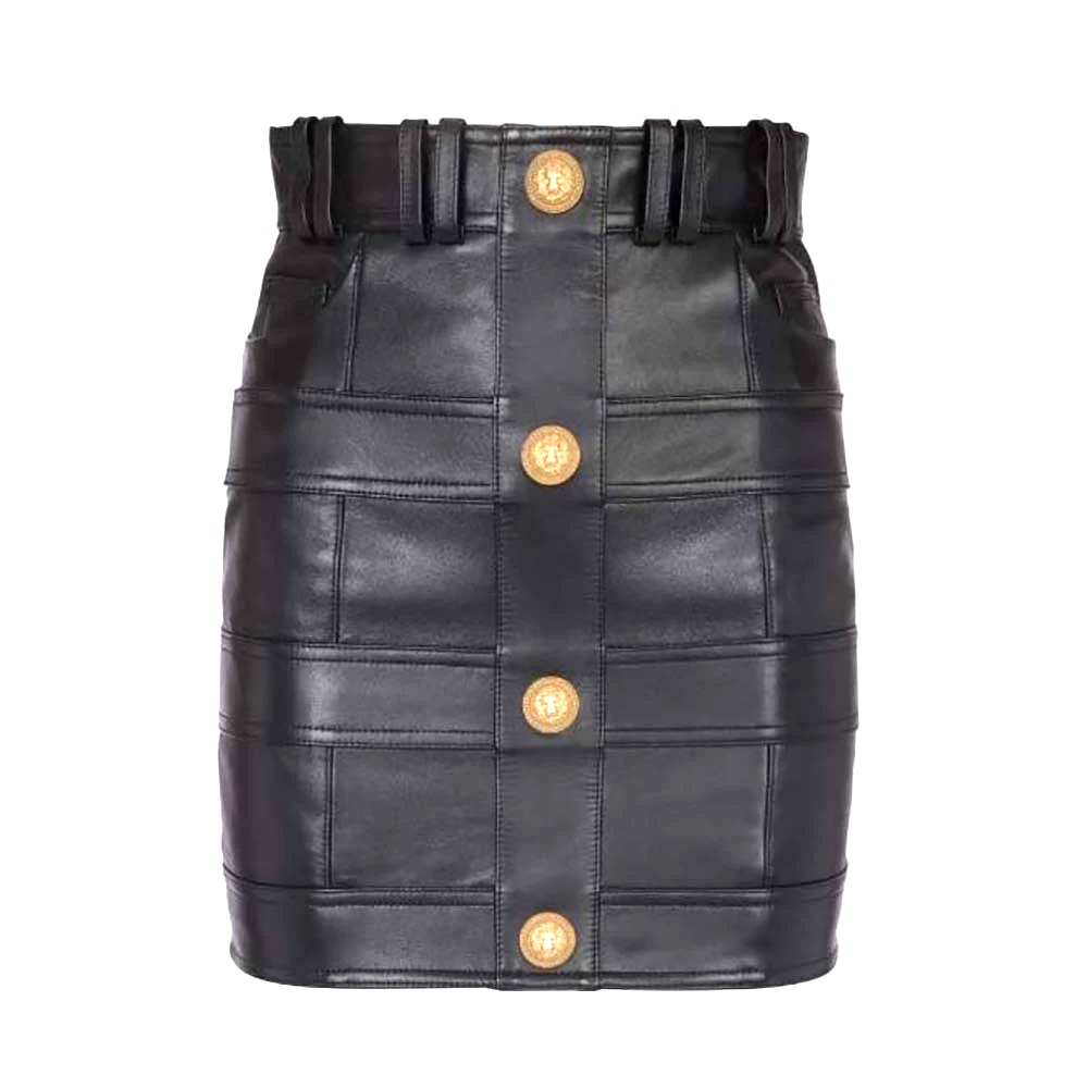 Chân váy Balmain Women High-Waisted Leather Skirt in Lambskin-Black da cừu