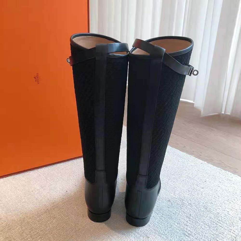 GIÀY Hermes Women Jumping Boot in Quilted Canvas and Calfskin-Black