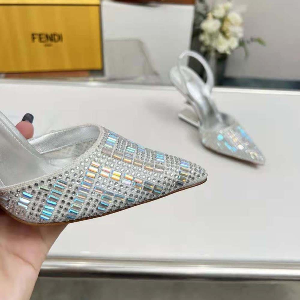 GIÀY Fendi First Silver-colored Rhinestone High-heeled Slingbacks