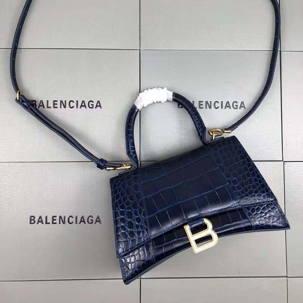 TÚI Balenciaga Women Hourglass Small Top Handle Bag in Navy Crocodile Embossed Calfskin vân da cá sấu