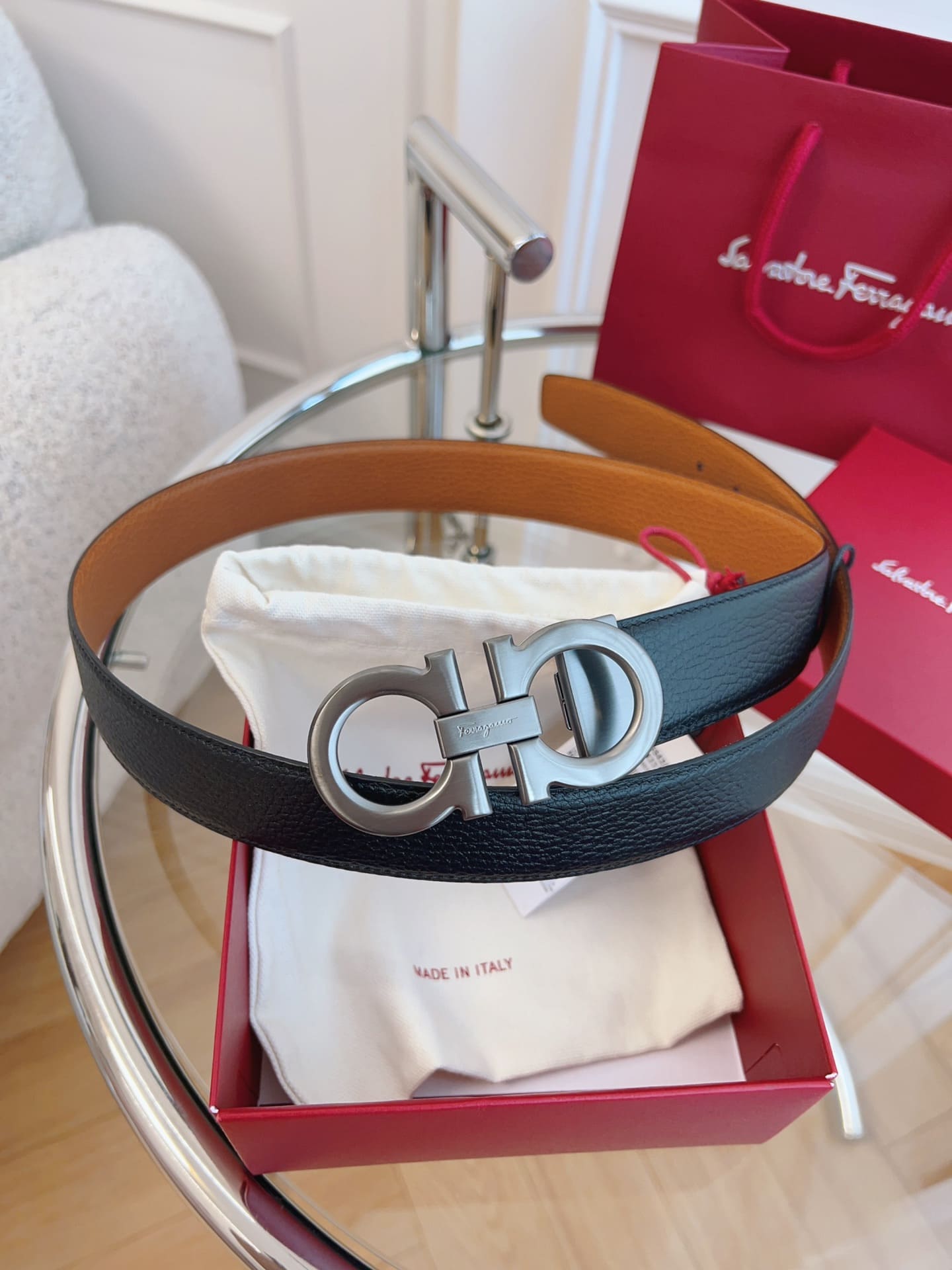 DÂY LƯNG Salvatore Ferragamo Adjustable Gancini Belt Khóa đen mờ