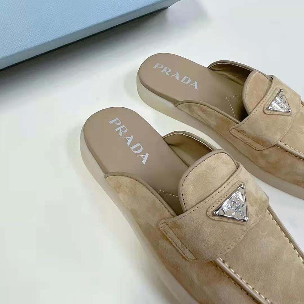GIÀY Prada Unisex Suede Leather Sabots with Enameled Metal Triangle Logo-Brown