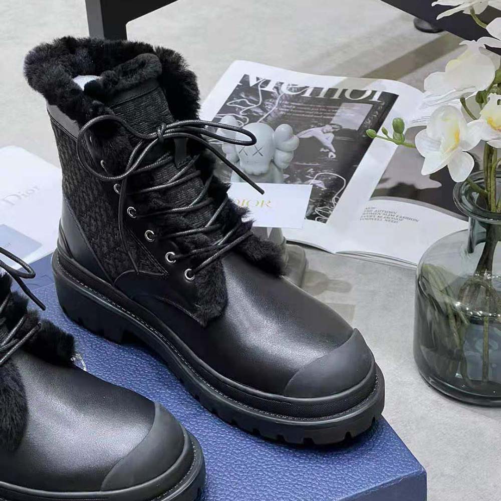 GIÀY Dior Explorer Ankle Boot Black Smooth Calfskin and Dior Oblique Jacquard
