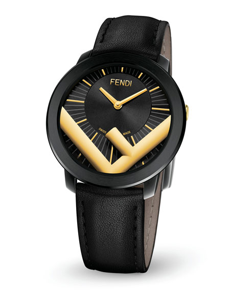 FENDI F Logo Analog Leather Watch with Black Strap
