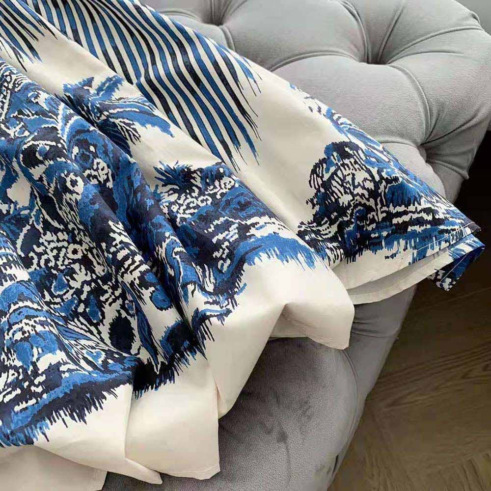 VÁY Dior Women Long Dress Blue and White Silk Canvas with Dior Palms Motif