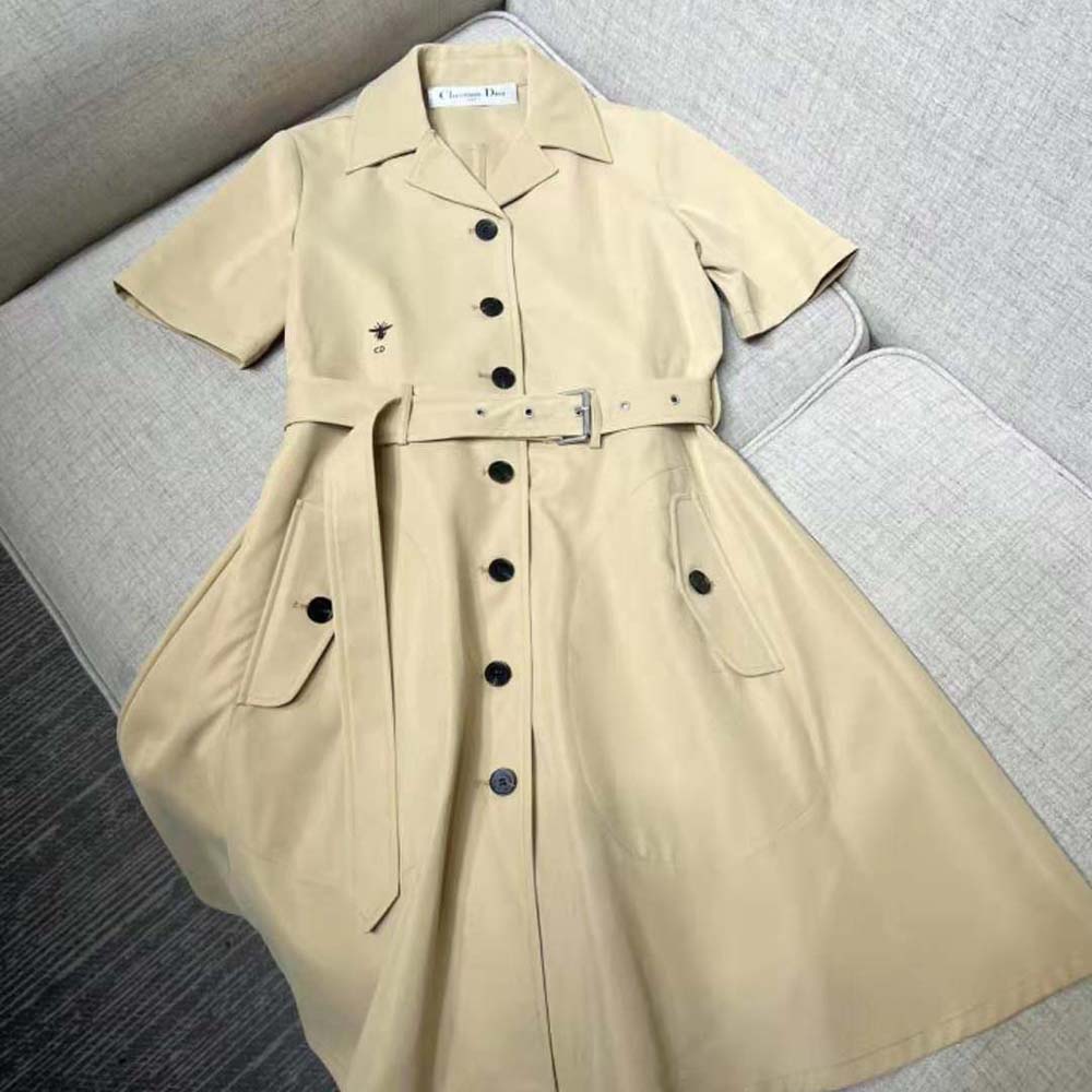 VÁY CHRISTIAN DIOR Dress with Belt Beige Cotton Gabardine