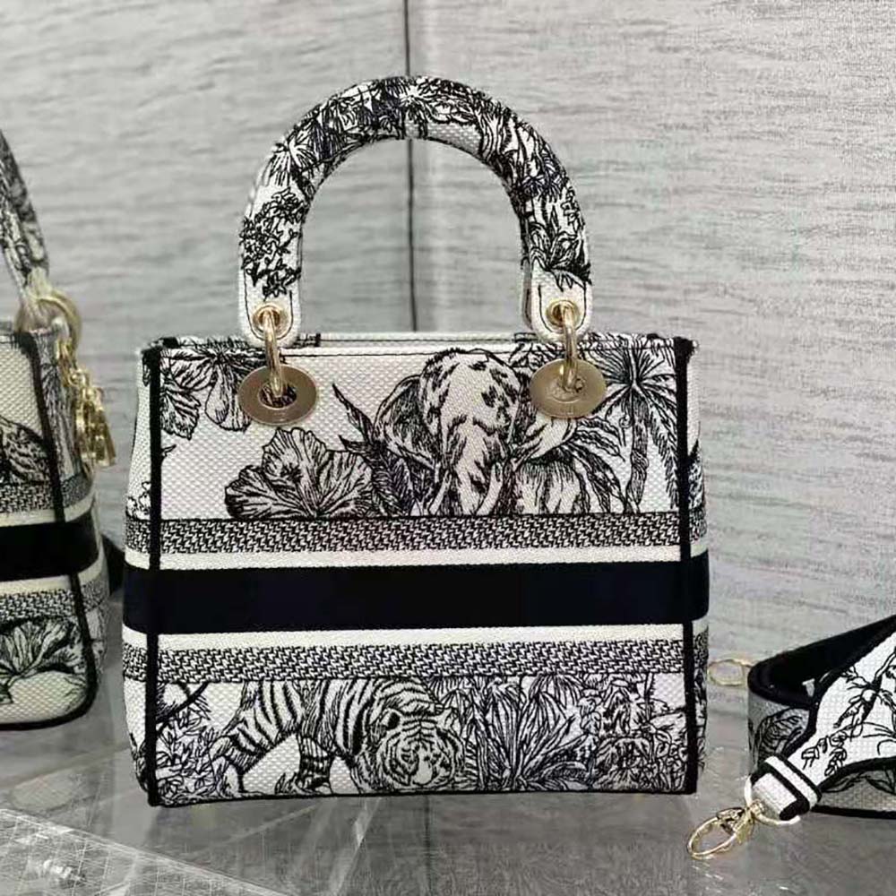 TÚI Dior Women Medium Lady D-lite Bag White and Black Toile de Jouy Voyage Embroidery