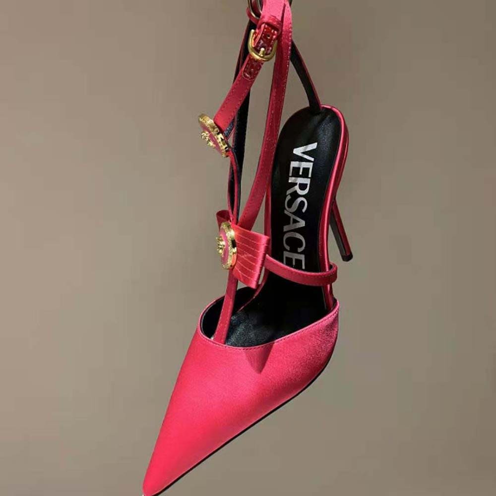 GIÀY Versace Women Gianni Ribbon Cage Satin Pumps-Rose