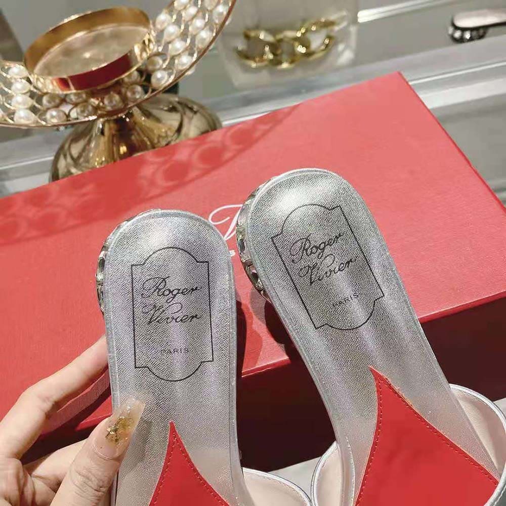 DÉP Roger Vivier Women Strass Heel Covered Buckle Mules in Leather Silver