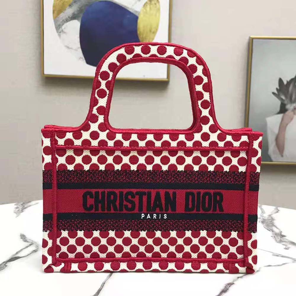 TÚI Dior Women Mini Dioramour Dior Book Tote White and Red Dior Dots Embroidery