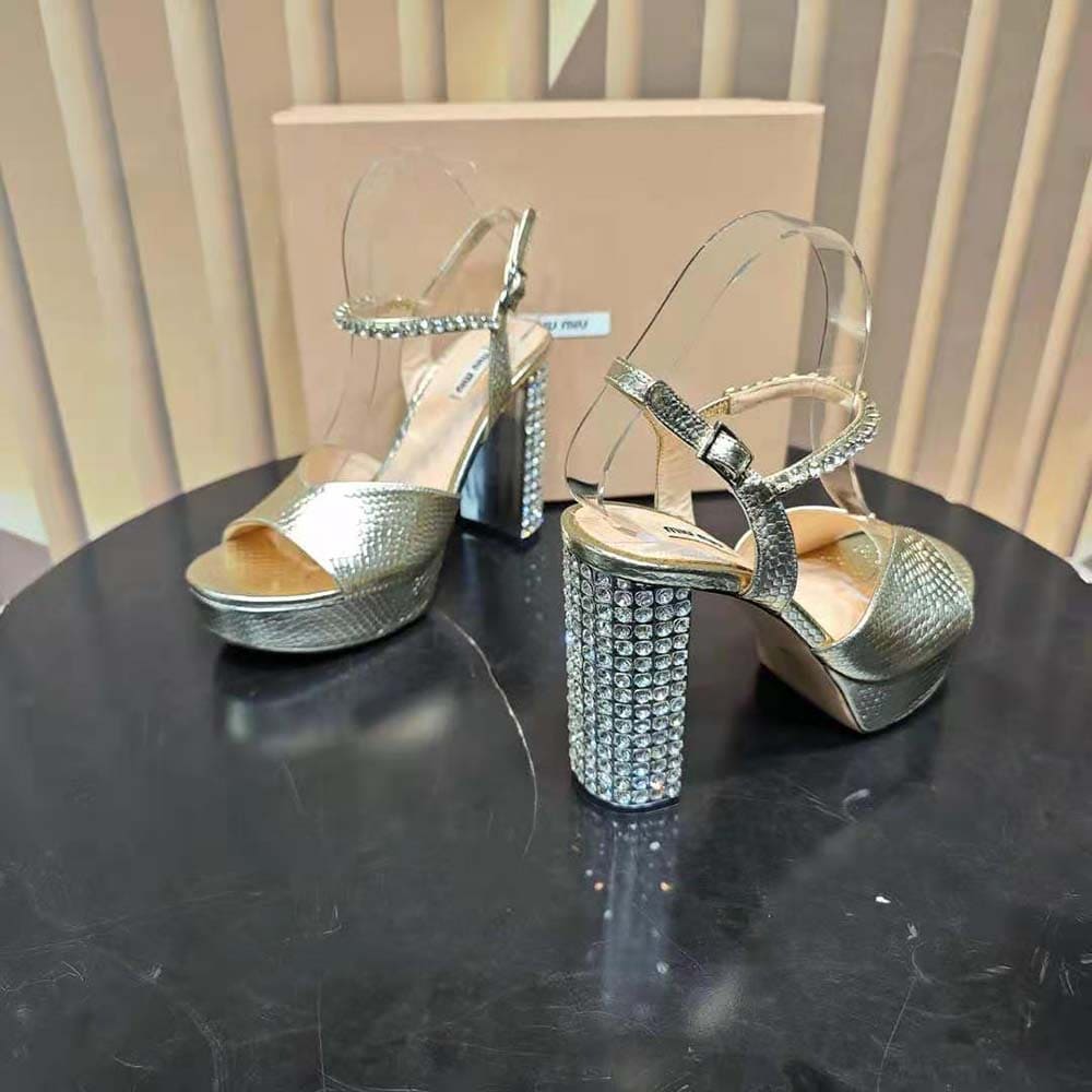 GIÀY Miu Miu Women Lizard-print Leather Platform Sandals-Gold