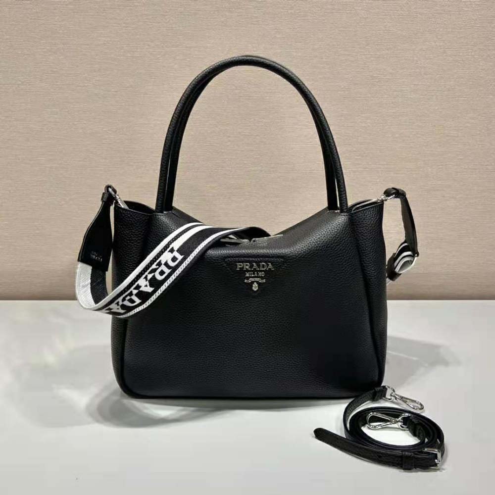 TÚI Prada Women Large Leather Handbag with the Prada Metal Lettering Logo Gleaming at Its Center-Black