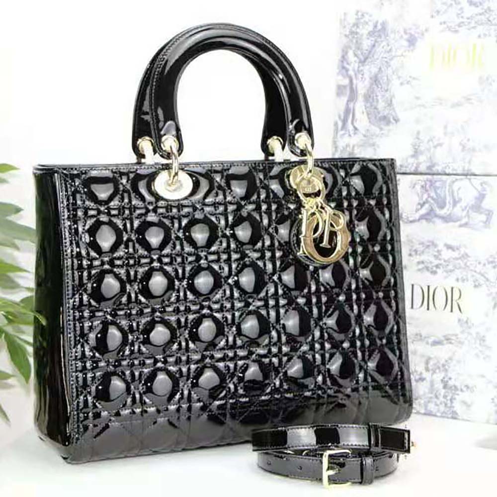 TÚI Dior Women Large Lady Dior Bag Black Patent Cannage Calfskin