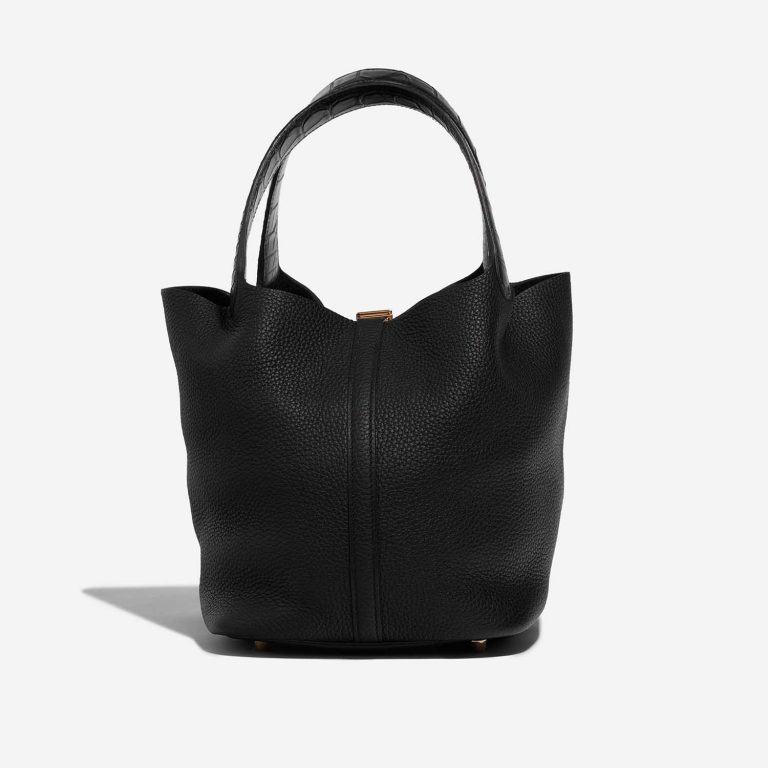 TÚI Hermès Picotin Touch 22 Clemence Matte Alligator Black Gold Buckle khóa vàng quai xách da cá sấu