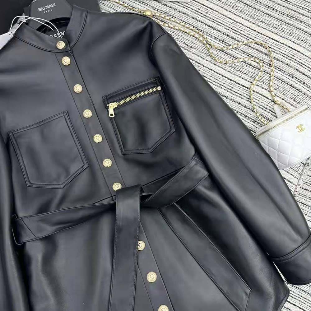 ÁO Balmain Women Leather Overshirt with Lace-up Details