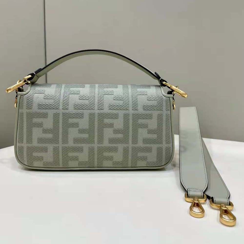 TÚI FENDI Women Baguette Light Green Canvas Bag with FF Embroidery