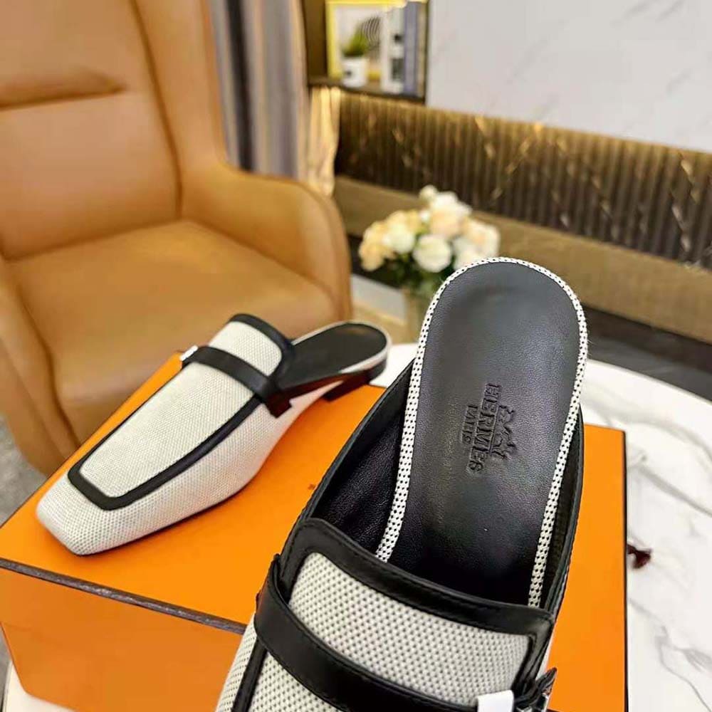 GIÀY Hermes Women in H Canvas and Calfskin-Black