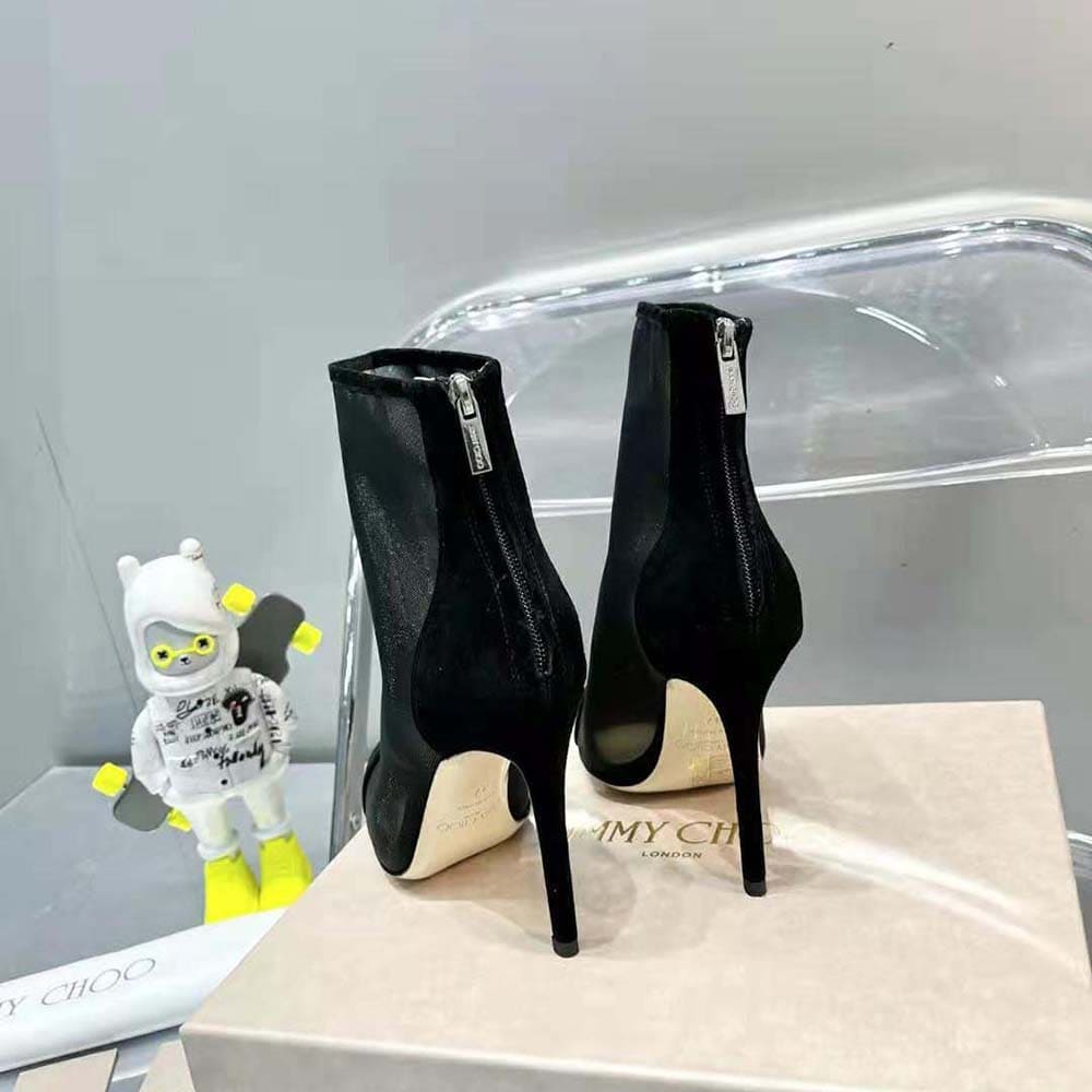 GIÀY Jimmy Choo Women Bing Boot 100 Black Suede and Mesh Ankle Boots with Crystal Embellishment