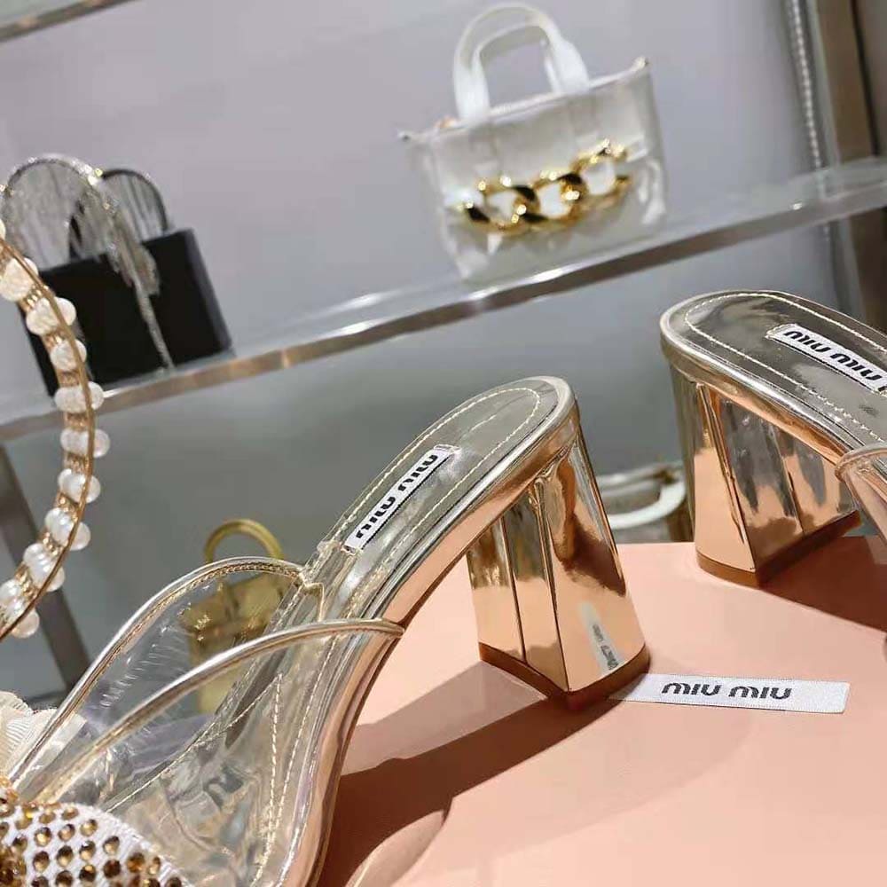 GIÀY Miu Miu Women Vinyl and Metallic Leather Sandals with Crystals