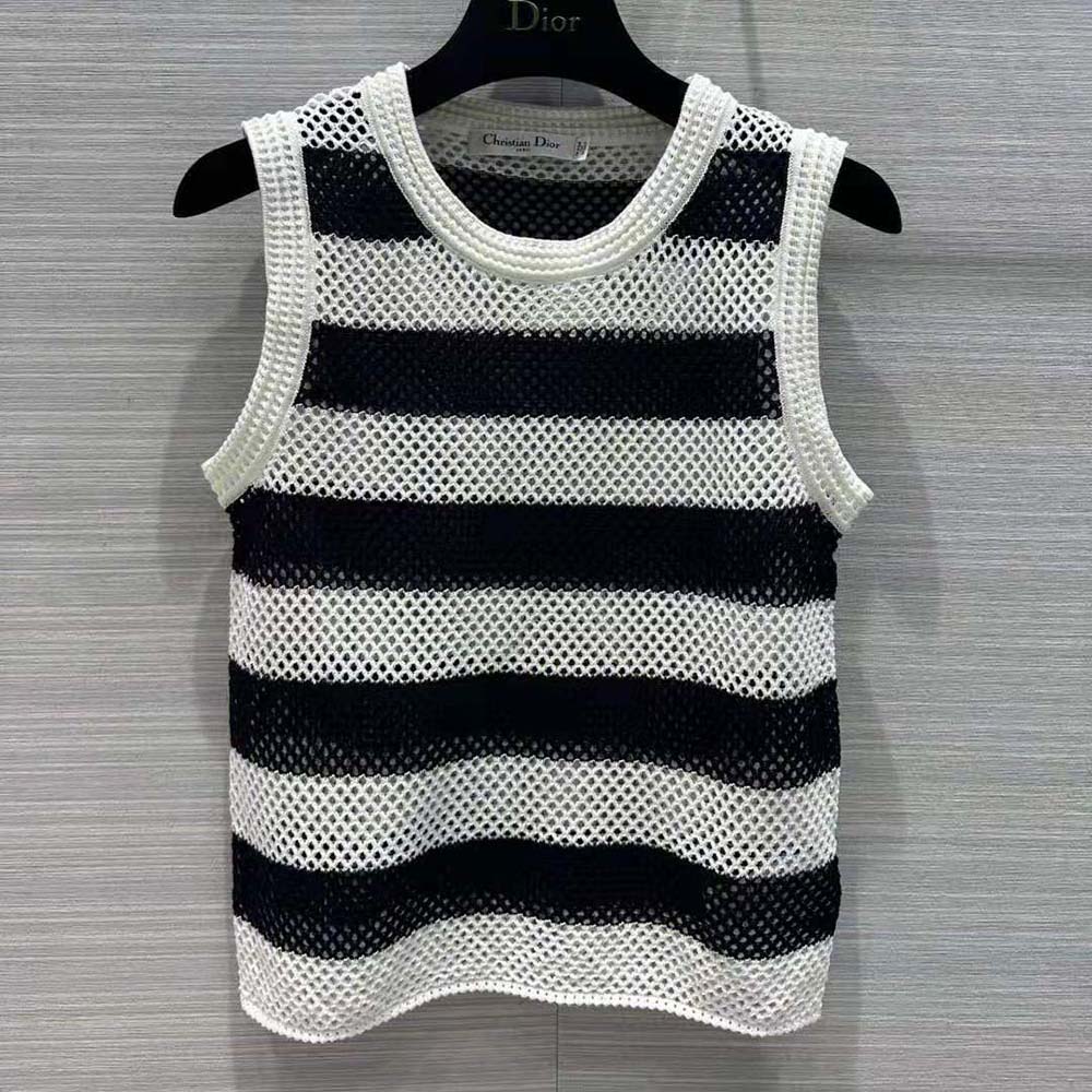 ÁO Dior Women Marinière Cardigan Top Navy Blue and White Openwork Cotton Knit