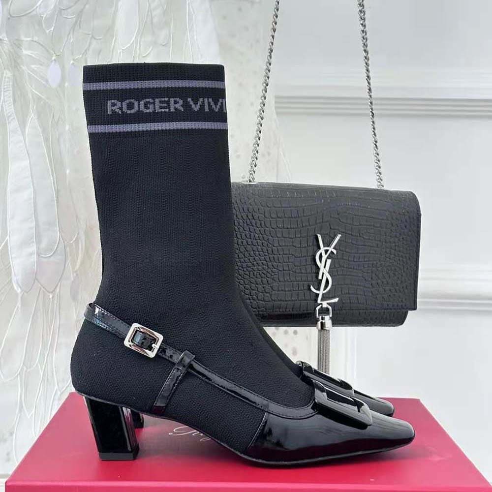 GIÀY Roger Vivier Women Belle Vivier Sock Lacquered Buckle Ankle Boots in Patent Leather-Black