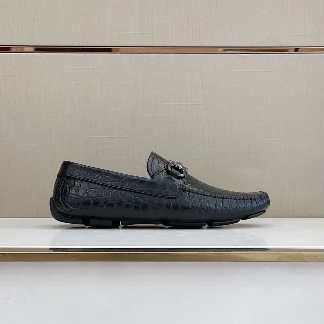 GIÀY SALVATORE FERRAGAMO DRIVING EMBOSSED CROC BLACK TOP QUALITY SHOES AAA