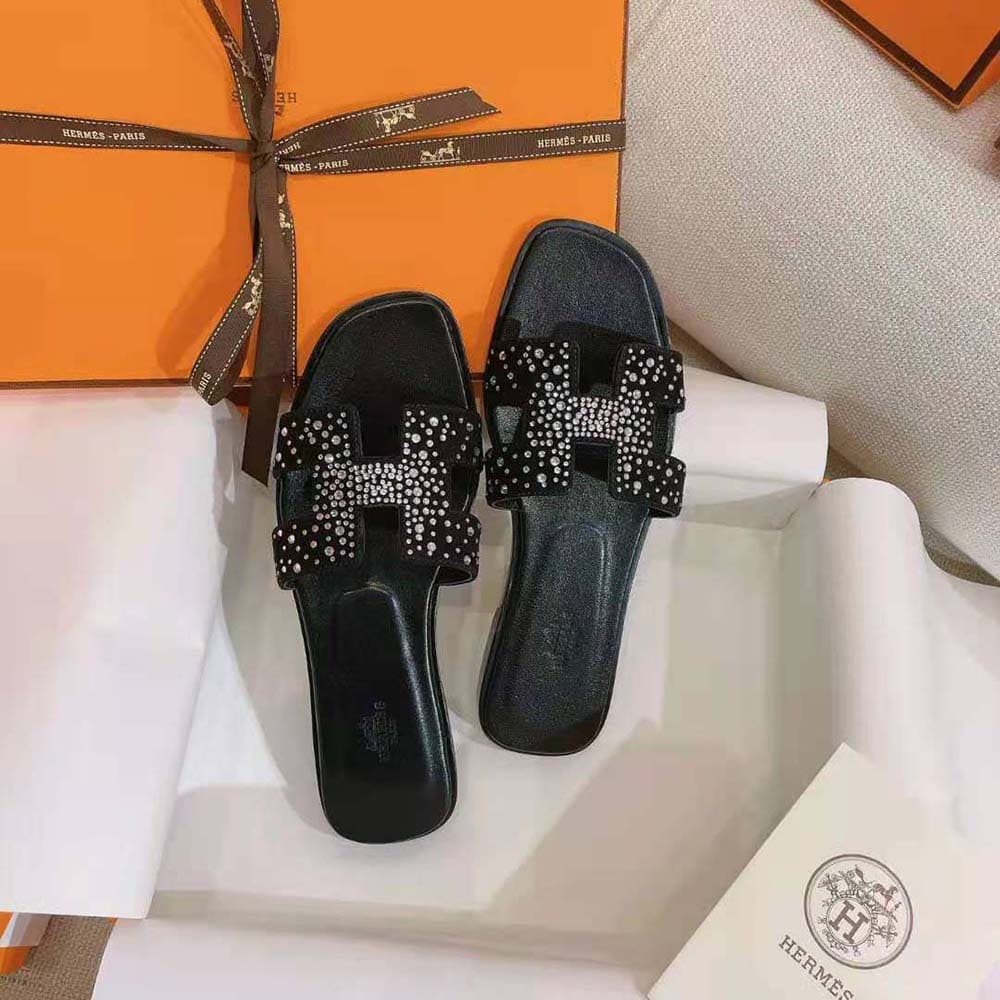 DÉP Hermes Women Oasis Sandal in Suede Goatskin-Black
