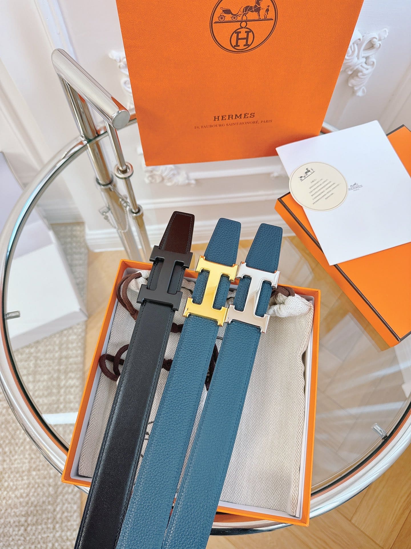 DÂY LƯNG HERMES H BLUE Togo leather hai mặt khóa vàng