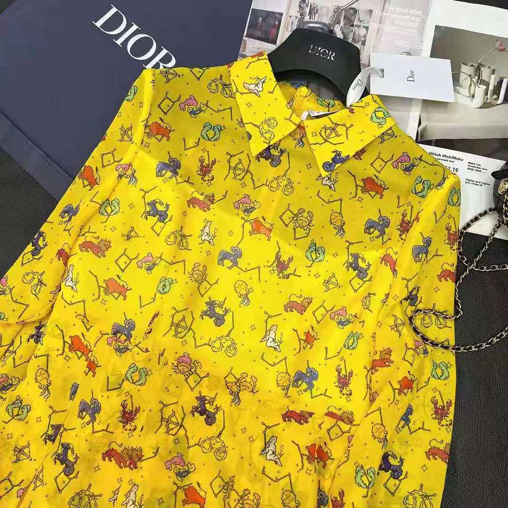 Váy Dior Mid-Length Shirt Dress Yellow Silk Chiffon with Multicolor Dior Pixel Zodiac Motif